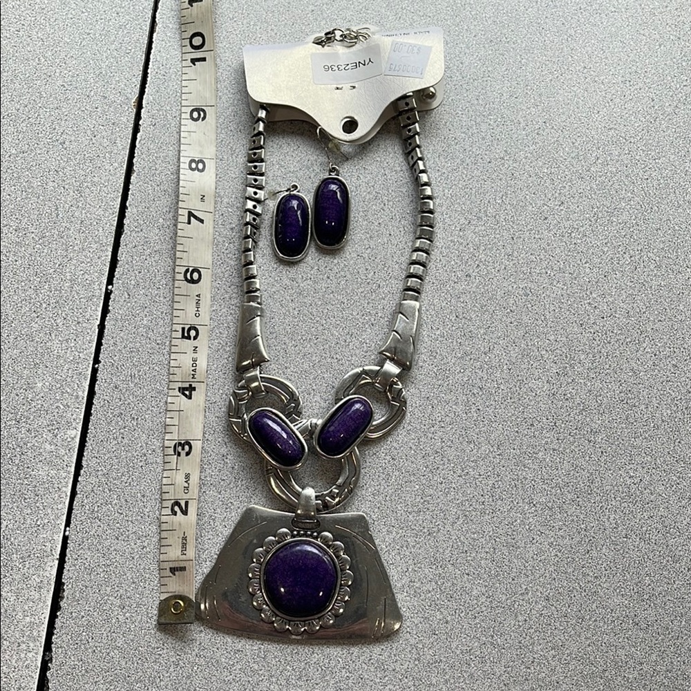 Silver and Purple Necklace and Earring Set.
